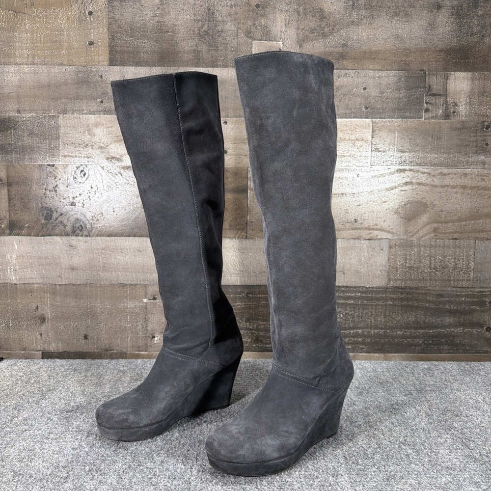 Diane von Furstenberg DVF Grey Suede Knee High Platform Wedge Boots Size 7 M